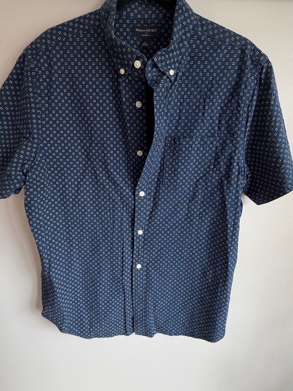 Banana Republic Navy Short-Sleeve Button-Down with Micro Geometric Print